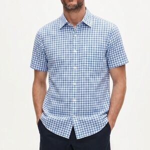 Uniqlo Linen Gingham Check Untucked Button Shirt Men XS Blue White Short Sleeve